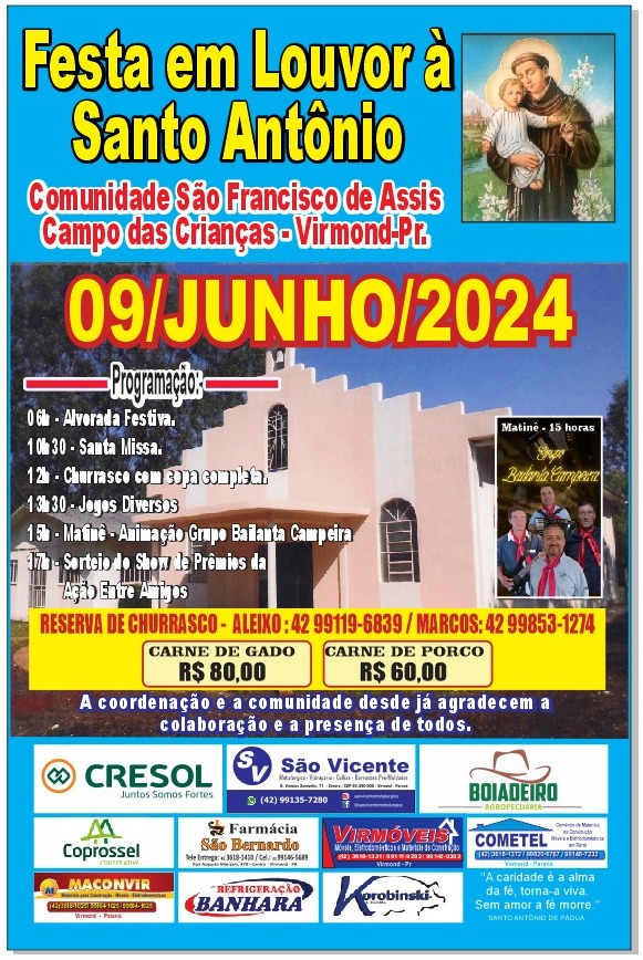 Festa em Louvor á Santo Antônio em Campo das Crianças, será no dia 9 de junho 
