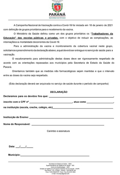 Laranjeiras do Sul comeÃ§a a vacinar contra covid-19 os trabalhadores da educaÃ§Ã£o