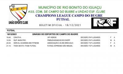 Neste sÃ¡bado (18) tem as finais da Champions League de Futsal no Campo do Bugre 