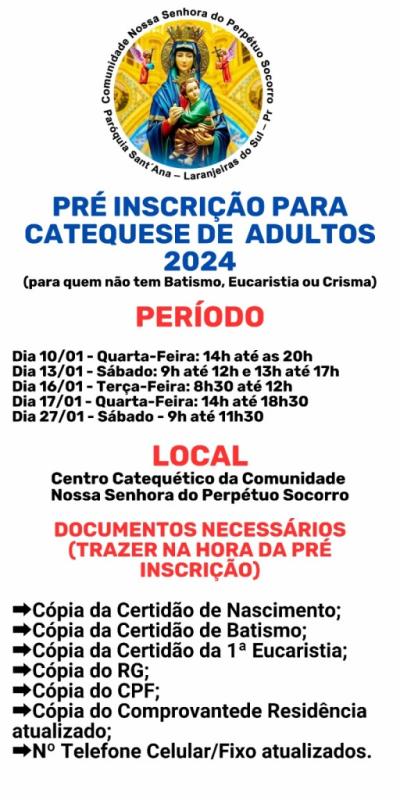 Comunidade PerpÃ©tuo Socorro abre inscriÃ§Ãµes para Catequese em 2024