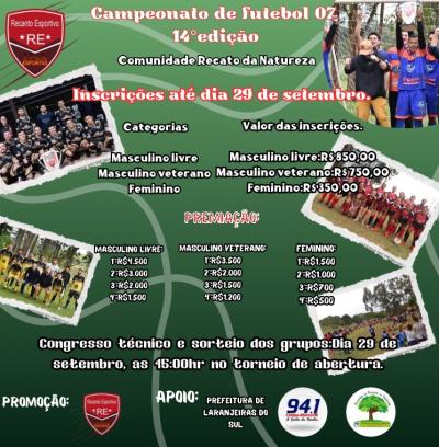 InscriÃ§Ãµes abertas para o 14Âº campeonato de Futebol Sete do Recanto Esportivo 