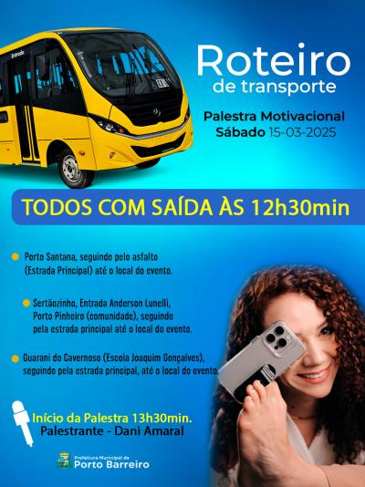 Palestra motivacional sÃ¡bado, 15, em Porto Barreiro