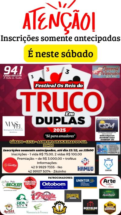 É neste sábado, 13/12, Festival “Os Reis do Truco” em Duplas em Laranjeiras do Sul 