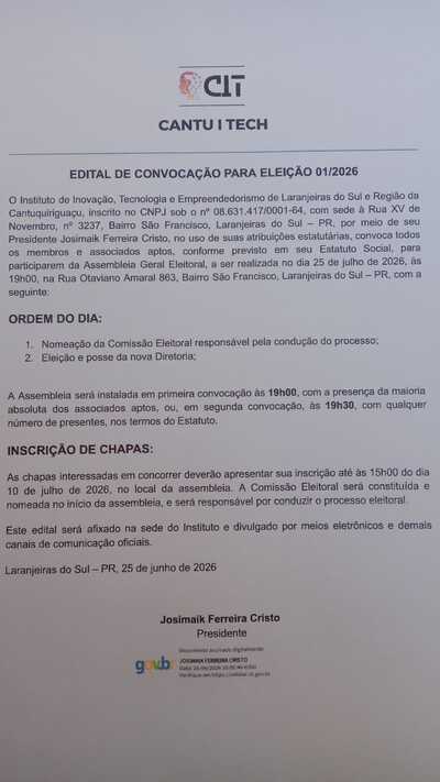 Cantu I Tech convoca para Assembleia Geral Eleitoral