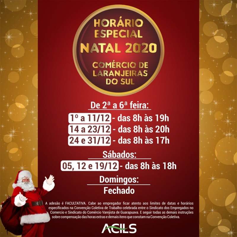 Acils divulga horÃ¡rio do comÃ©rcio para o Natal
