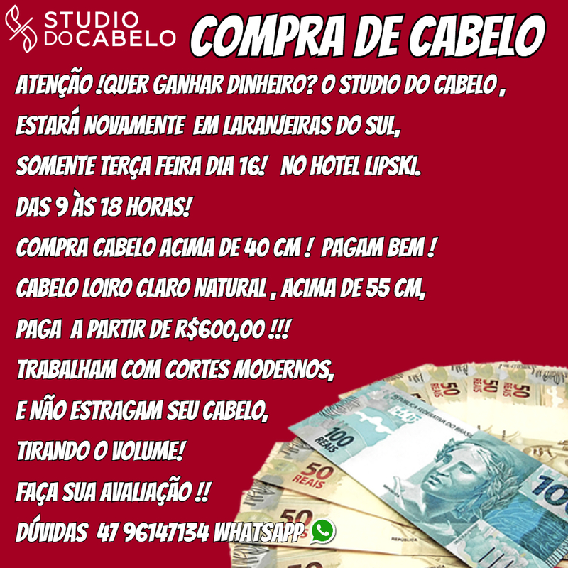 Studio do Cabelo estarÃ¡ comprando cabelo em Laranjeiras do Sul na terÃ§a feira (16)