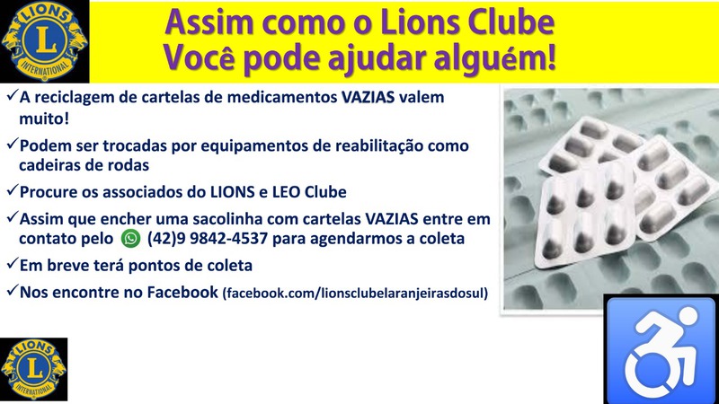 Lions Clube lanÃ§a campanha de arrecadaÃ§Ã£o de cartelas de medicamentos vazias