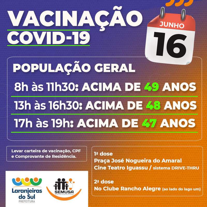 Em Laranjeiras do Sul vacinaÃ§Ã£o chega na faixa etÃ¡ria entre 47 e 49 anos para pÃºblico em geral
