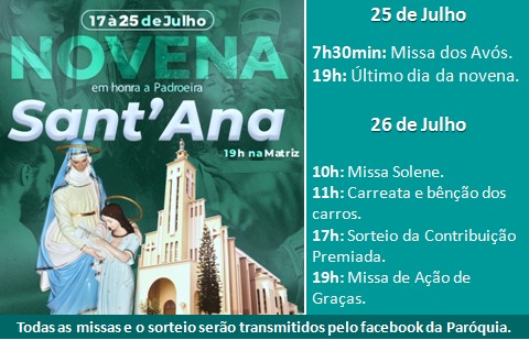 Inicia neste sÃ¡bado (17) a Novena em Louvor a Padroeira SantÂ´Ana