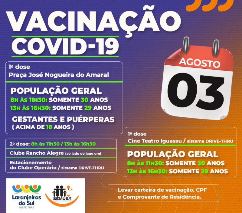 Laranjeiras do Sul inicia a vacinaÃ§Ã£o da covid19 para a faixa etÃ¡ria de 29 e 30 anos