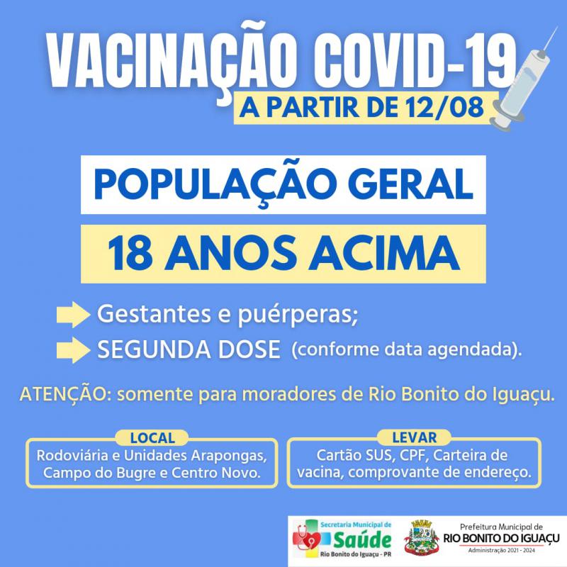 Rio Bonito do IguaÃ§u e Porto Barreiro estÃ£o vacinando contra a Covid19 Jovens de 18 Anos ou mais