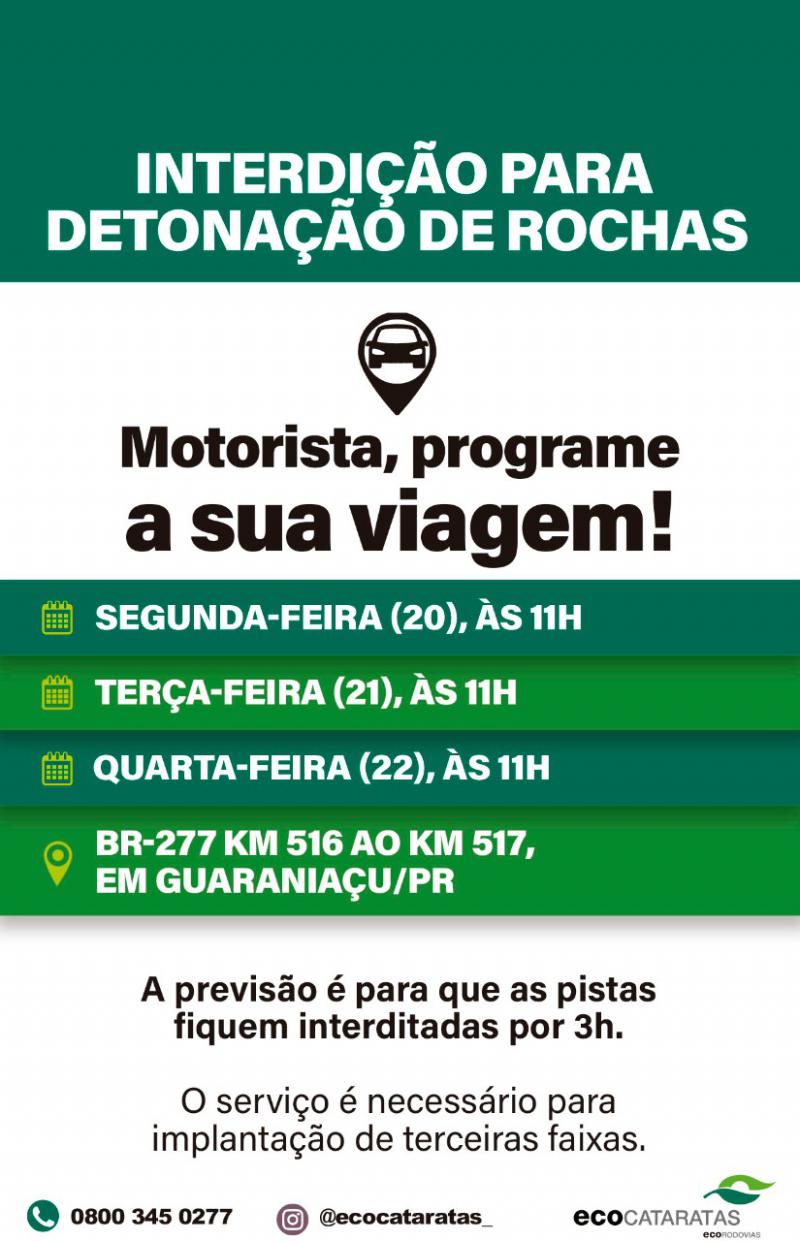 Ecocataratas programa novas detonaÃ§Ãµes de rochas em GuaraniaÃ§u a partir desta terÃ§a-feira