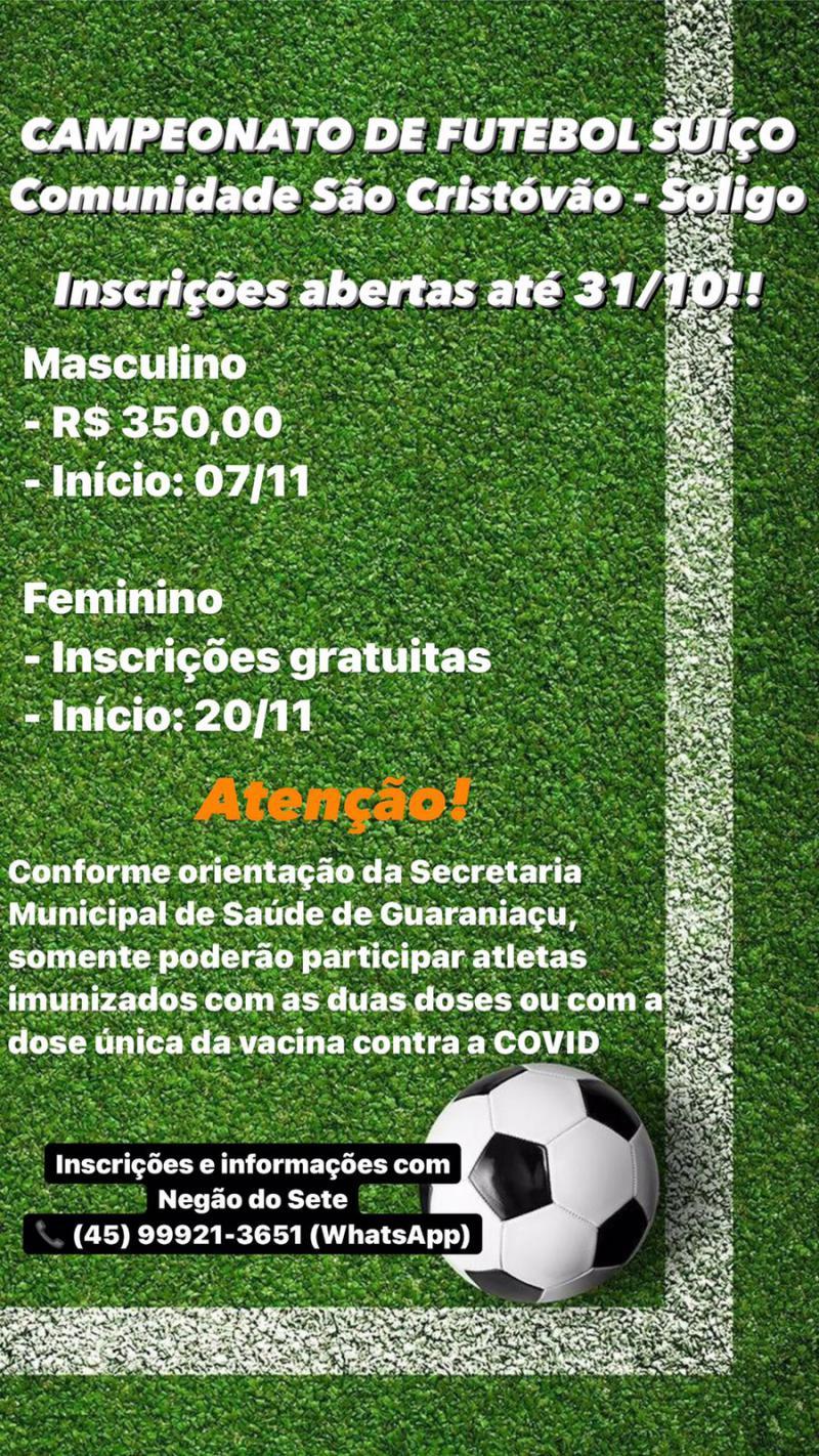 Inscrições abertas para o Campeonato de Futebol Sete São Cristóvão em Guaraniaçu 