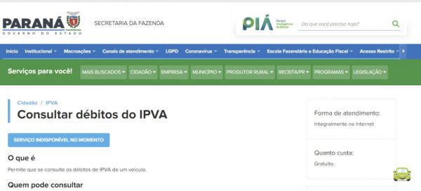Site para consulta e impressÃ£o de guia para pagamento do IPVA no ParanÃ¡ fica fora do ar