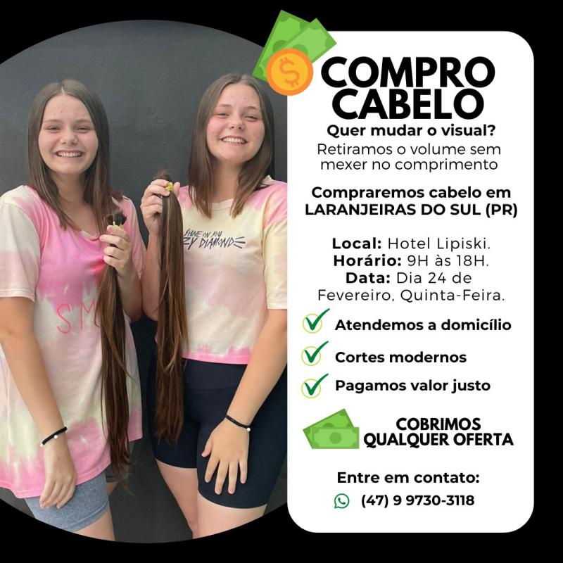 Studio do Cabelo de SC estarÃ¡ comprando cabelo em Laranjeiras do Sul na quinta feira (24)