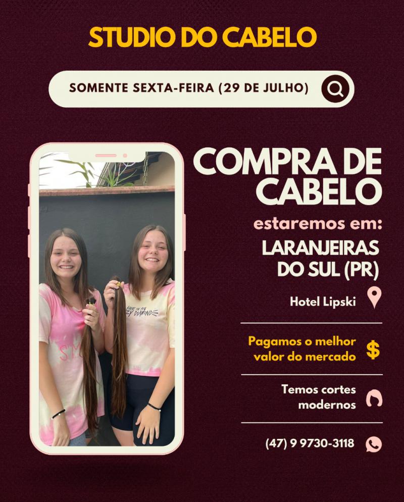Studio do Cabelo estarÃ¡ comprando cabelo nesta sexta-feira (29) em Laranjeiras do Sul 
