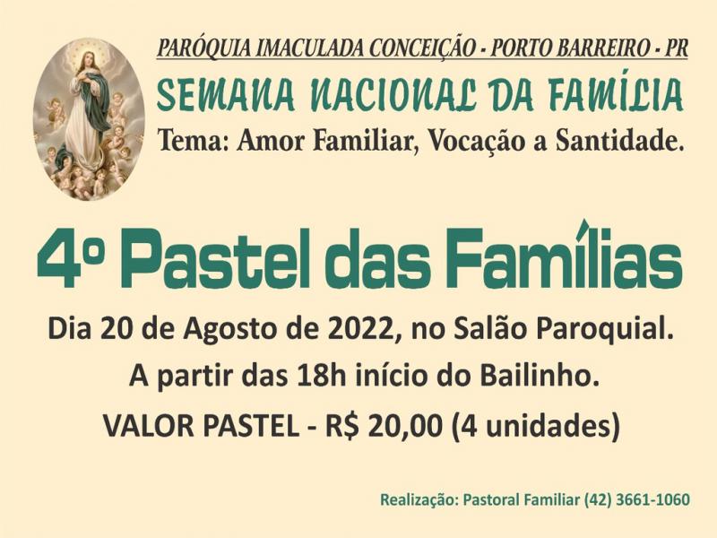 Programação da Semana Nacional da Família em Porto Barreiro terá a 4ª Edição do Pastel