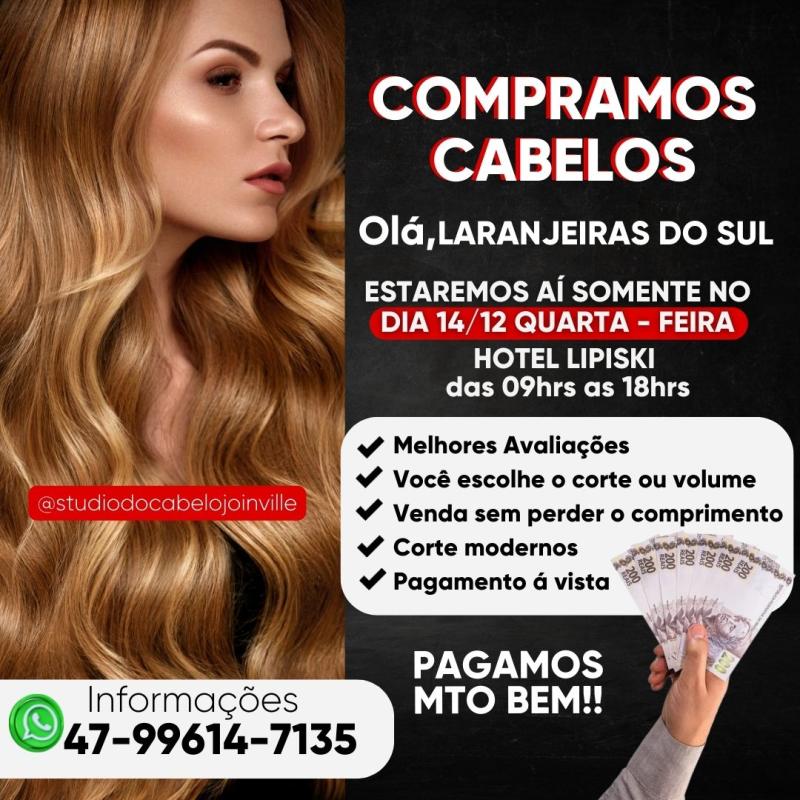 Studio do Cabelo estarÃ¡ comprando cabelo nesta quarta-feira (14) em Laranjeiras do Sul 