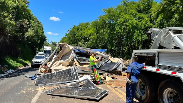 Cantagalo: Caminhão carregado com placas de energia solar tomba e bloqueia parte da BR-277