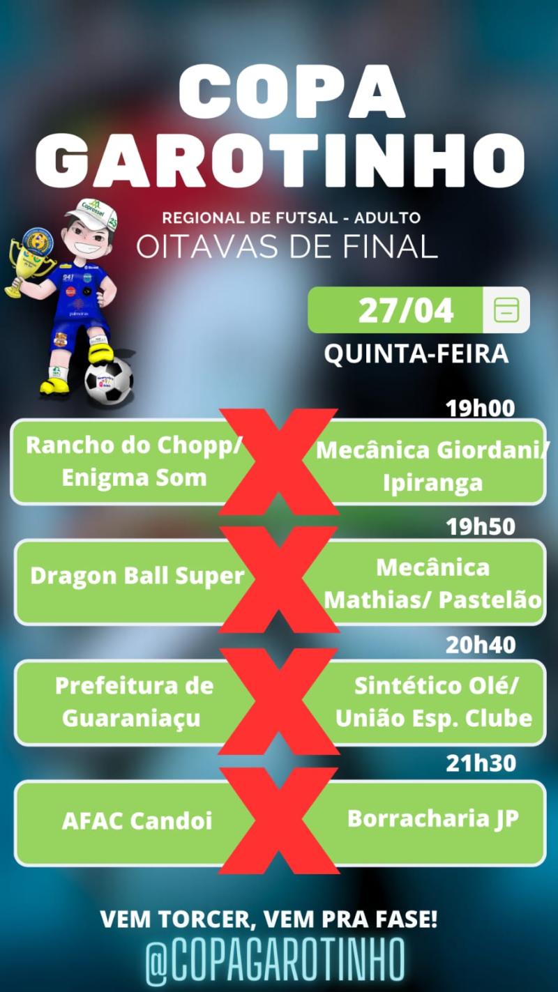 ComeÃ§a nesta quinta-feira (27) as Oitavas de Final da Copa Garotinho de Futsal Livre 