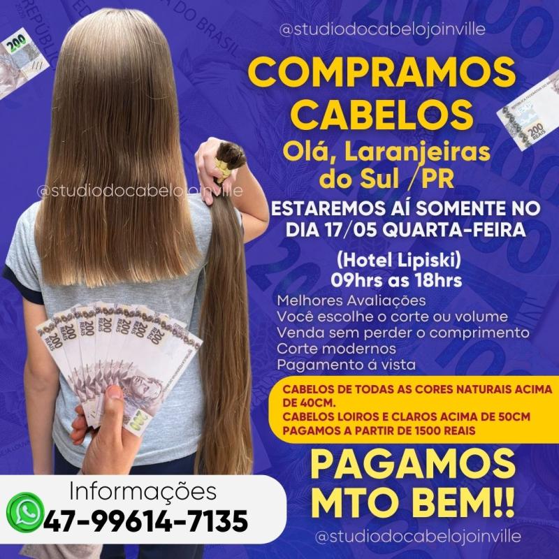 Studio do Cabelo estarÃ¡ comprando cabelo nesta quarta-feira (17) em Laranjeiras do Sul 