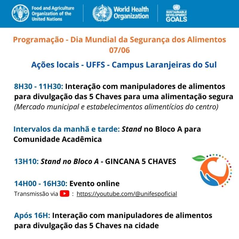 UFFS: aÃ§Ãµes locais serÃ£o realizadas no dia 07 de junho para celebrar o Dia Mundial da SeguranÃ§a dos Alimentos