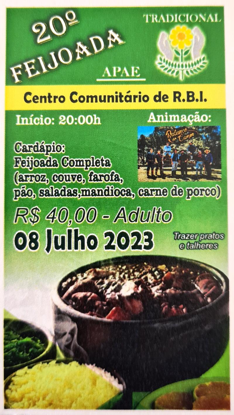 SÃ¡bado dia 08 de julho acontece a 20Âª Feijoada da APAE de Rio Bonito do IguaÃ§u
