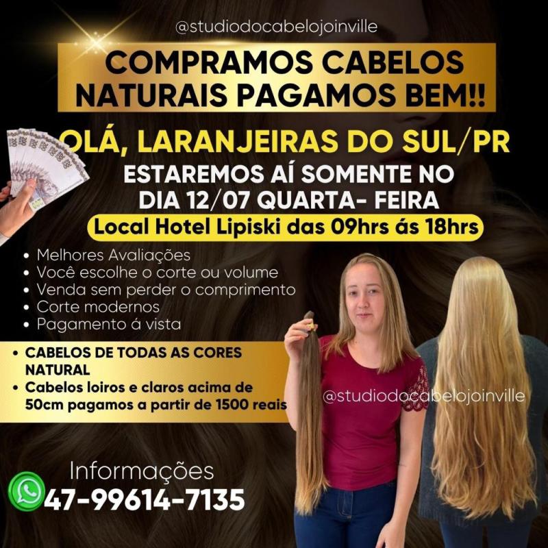 Studio do Cabelo estarÃ¡ comprando cabelo nesta quarta-feira (12) em Laranjeiras do Sul 