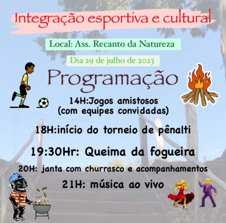 Neste sÃ¡bado (29) tem IntegraÃ§Ã£o Esportiva e Cultural no Recanto da Natureza 