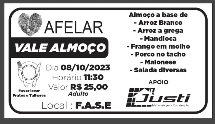 AFELAR promove neste domingo (08/10) almoço no valor de apenas R$ 25,00 
