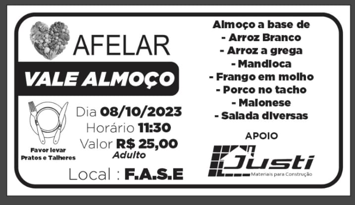 AFELAR promove neste domingo (08/10) almoÃ§o no valor de apenas R$ 25,00 