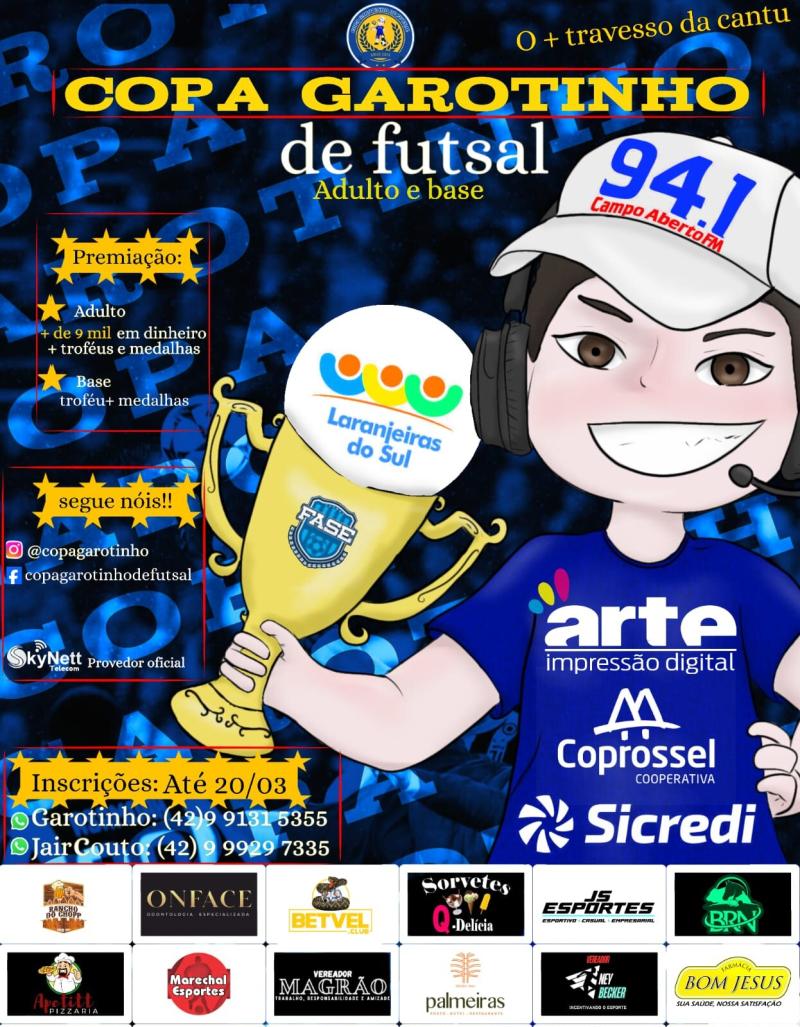 Terminam nesta quarta-feira (20) as inscriÃ§Ãµes da Copa Garotinho de Futsal 