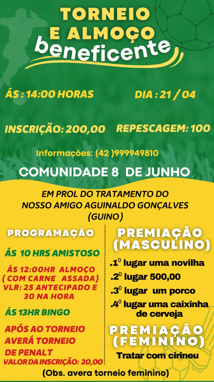 21 de Abril tem Torneio e AlmoÃ§o Beneficente no 8 de Junho em Laranjeiras do Sul