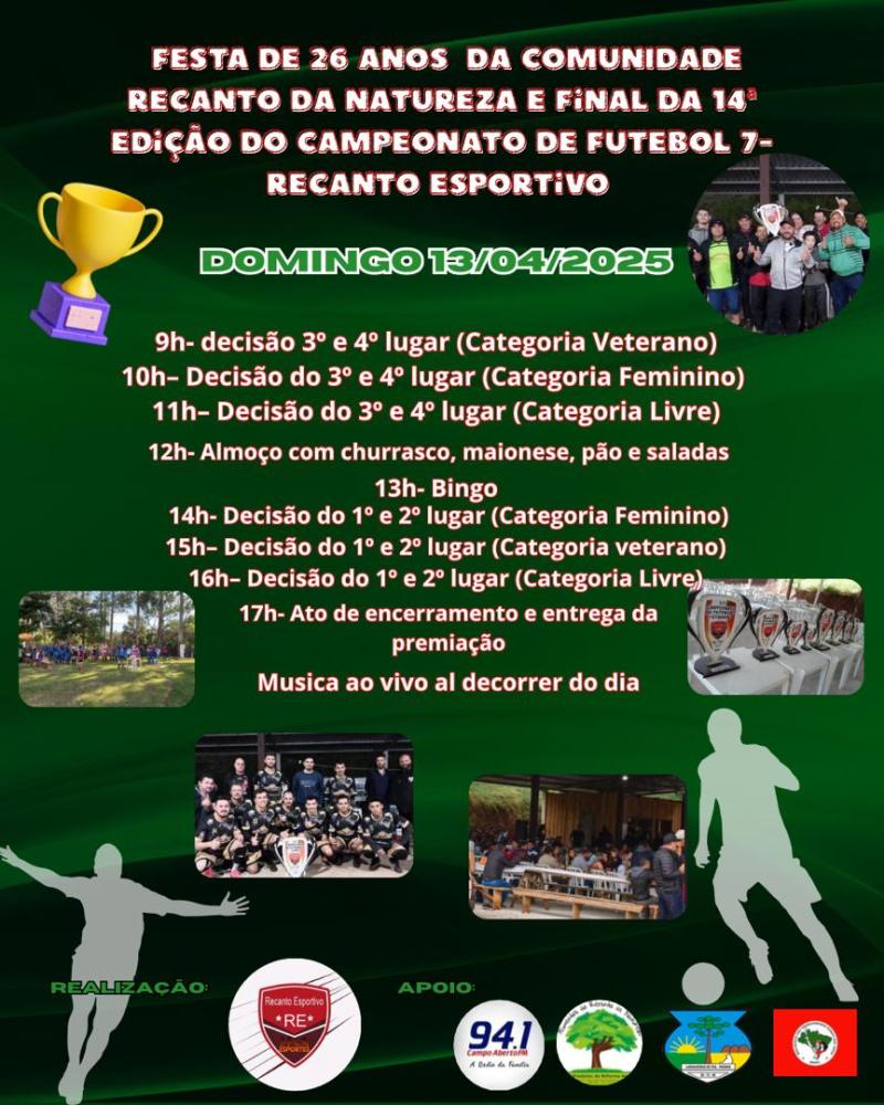 Neste domingo, 13, Festa de 26 anos e  Finais do Futebol Sete na comunidade do Recanto da Natureza 