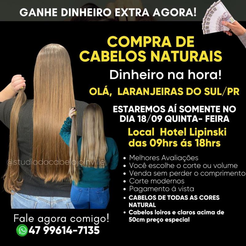 Nesta quinta-feira, 18/9, o Studio do Cabelo estará comprando cabelo em Laranjeiras do Sul