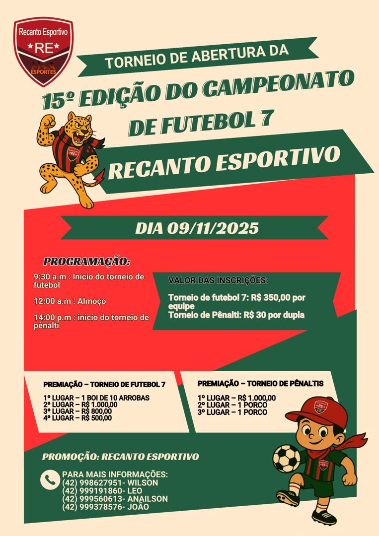 Neste domingo, 9/11, tem Torneio Inicio do Campeonato de Futebol Sete do Recanto Esportivo 