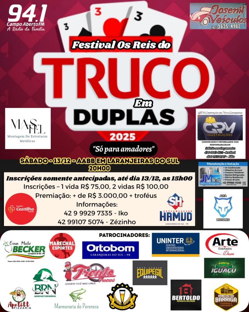 Inscrições abertas para o Festival "Os Reis do Truco em Duplas" só para Amadores 