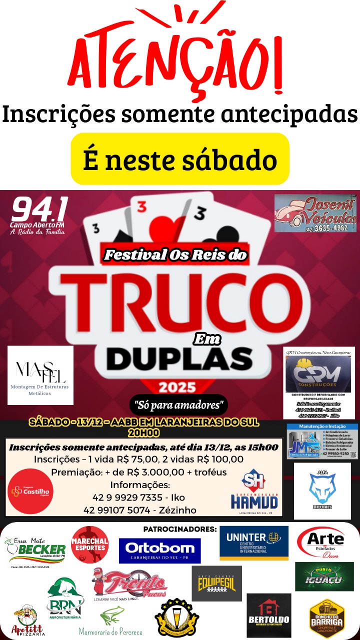 É neste sábado, 13/12, Festival “Os Reis do Truco” em Duplas em Laranjeiras do Sul 