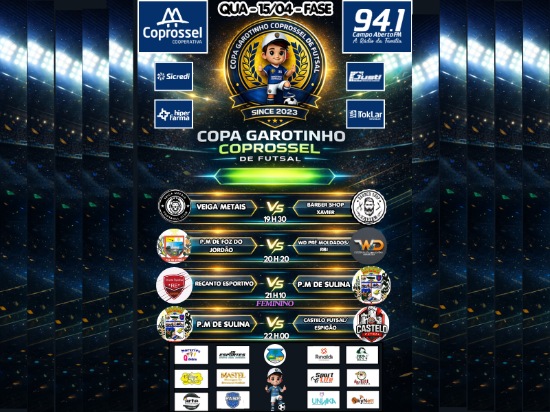 Começa nesta quarta-feira, 15/04, a Copa Garotinho Coprossel de Futsal 2026