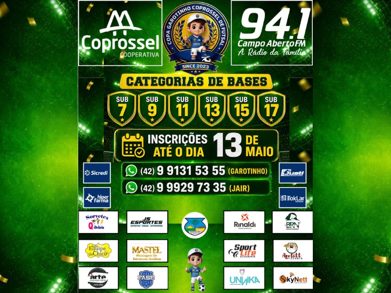 Inscrições abertas para a Copa Garotinho Coprossel de Futsal 2026 Bases 