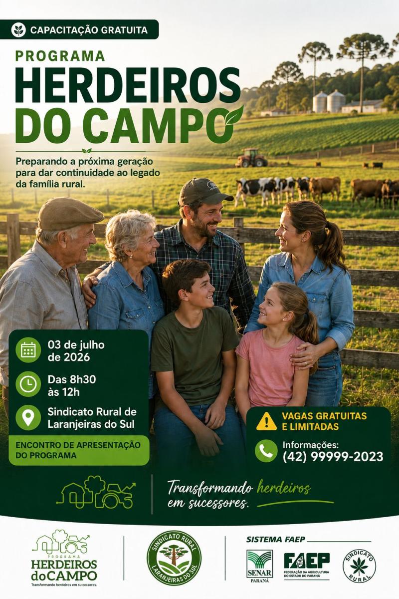 Sindicato Rural de Laranjeiras do Sul vai abrir turma gratuita do Programa Herdeiros do Campo