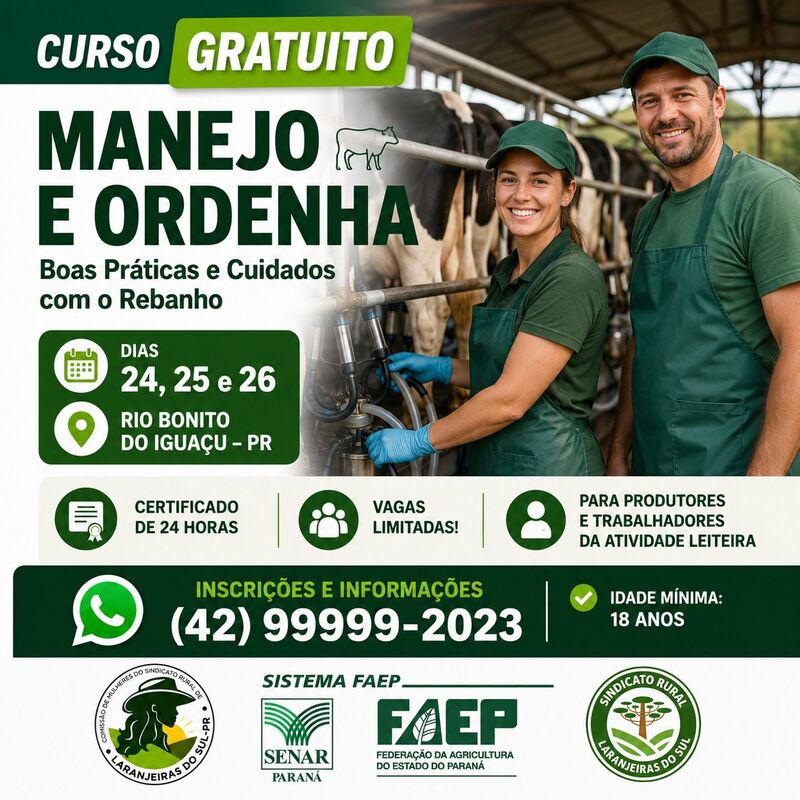 Curso gratuito sobre manejo e ordenha será realizado em Rio Bonito do Iguaçu