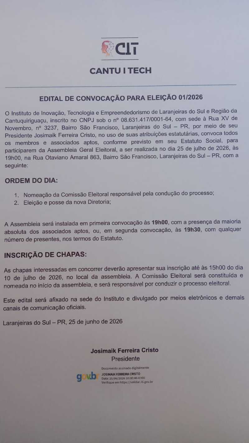 Cantu I Tech convoca para Assembleia Geral Eleitoral